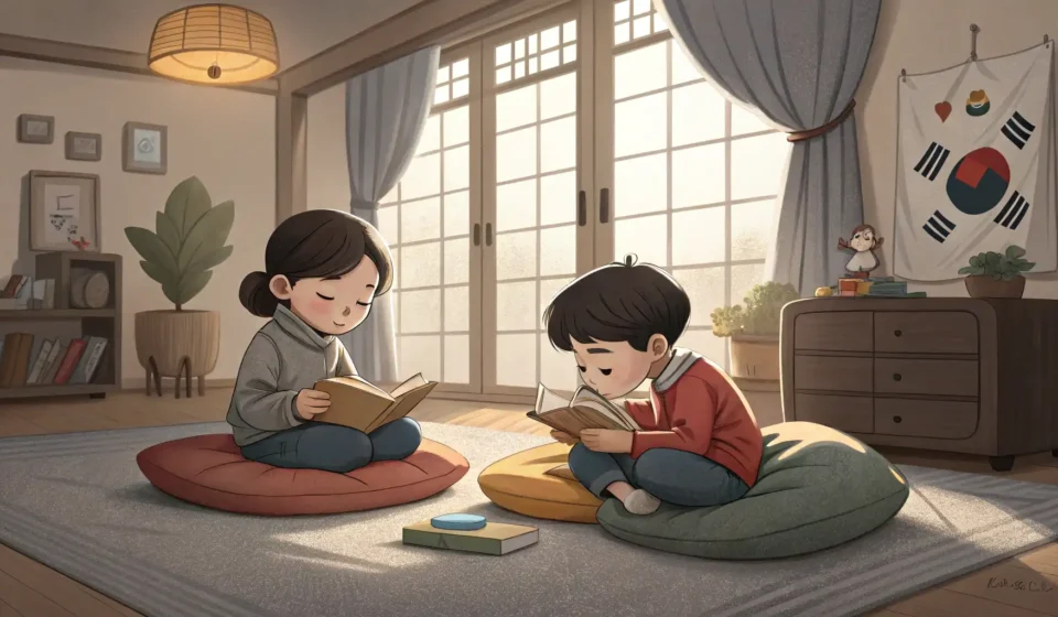 Illustration of two young Korean siblings watching TV; one yawns widely while the other looks on wit...