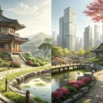 Split image contrasting a traditional Korean temple garden with a modern Seoul market, symbolizing s...