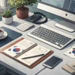 Illustration of a Korean office desk with a thermometer and tissues, symbolizing taking sick leave (...