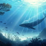 Fantasy illustration of deep ocean depths with a distant whale silhouette and shimmering sound waves...
