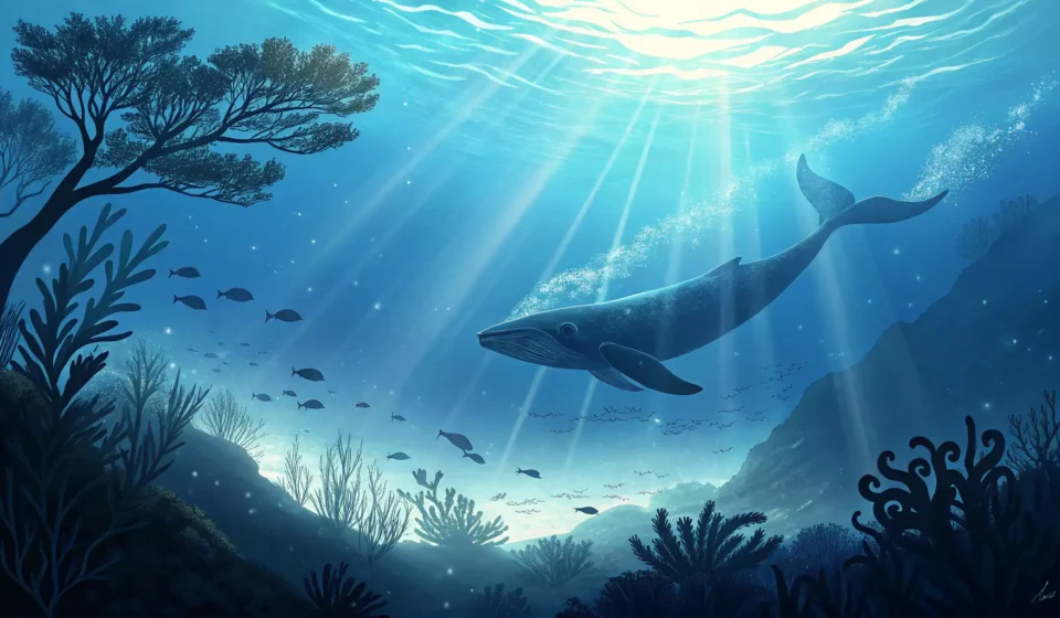Fantasy illustration of deep ocean depths with a distant whale silhouette and shimmering sound waves...