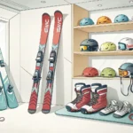 Illustration of ski and snowboard gear neatly organized inside a Korean ski resort rental shop, read...