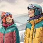 Illustration showing a Korean couple dressed for skiing, looking undecided as they contemplate two d...