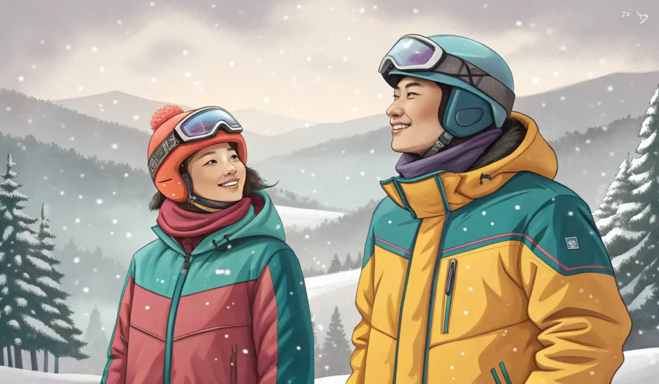 Illustration showing a Korean couple dressed for skiing, looking undecided as they contemplate two d...