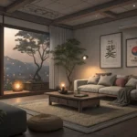 Thumbnail image depicting a modern Korean living room featuring smart home elements like ambient lig...