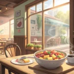 A vibrant, frosty fruit smoothie on a table inside a Korean cafe, with a bright, sunny afternoon vis...