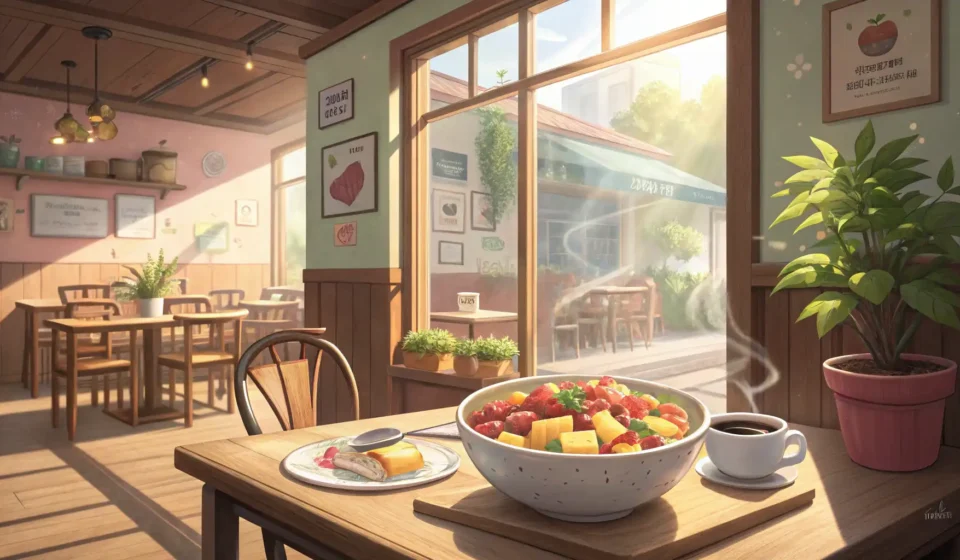 A vibrant, frosty fruit smoothie on a table inside a Korean cafe, with a bright, sunny afternoon vis...