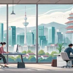 Illustration of a modern Korean office with abstract social media icons and network lines, symbolizi...