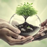 Illustration symbolizing social enterprise in Korea: diverse hands nurturing a growing plant within...