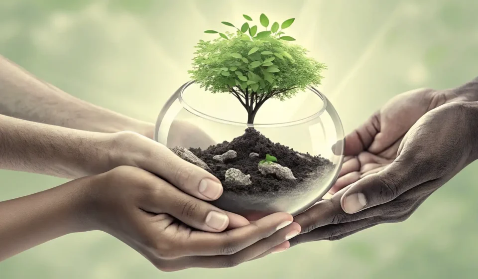 Illustration symbolizing social enterprise in Korea: diverse hands nurturing a growing plant within...