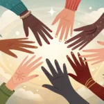 Stylized illustration of diverse hands offering support, symbolizing Korean social services and comm...