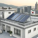 Solar thermal collector panels installed on a modern Korean rooftop under bright sunshine, illustrat...