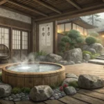 Tranquil interior of a traditional Korean spa (oncheon) featuring a steaming hot bath and natural el...