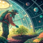 Illustration of a space farmer inside an orbital biodome with plants, reaching towards a colorful co...