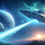 A spaceship approaches a glowing comet, symbolizing learning Korean phrases for negotiating passage...