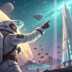 Stylized illustration of a space miner negotiating with a shadowy figure on the moon, representing a...