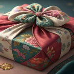 A gift box elegantly wrapped in colorful traditional Korean bojagi fabric, symbolizing a special bir...