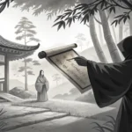 Stylized Korean ink painting of a hand offering a scroll to a shadowed figure beneath a full moon, s...