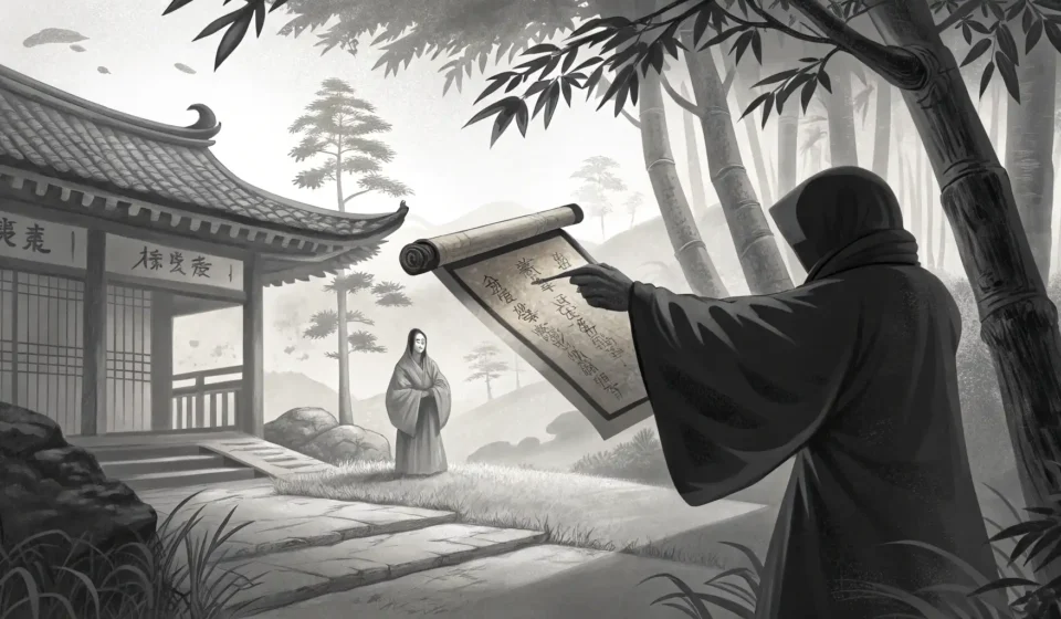 Stylized Korean ink painting of a hand offering a scroll to a shadowed figure beneath a full moon, s...