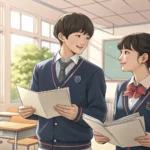 Two Korean students in a school classroom; one student appears to be asking a peer for advice on spe...