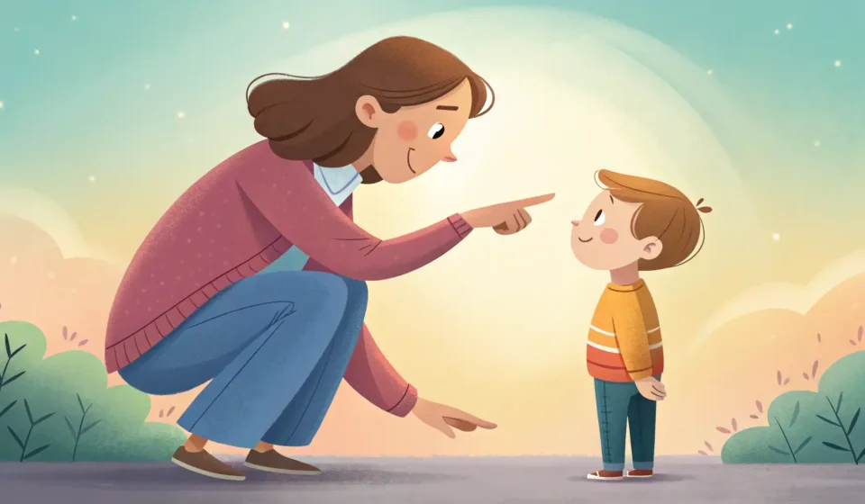 Illustration symbolizing Korean speech therapy support, showing an adult guiding a child with learni...