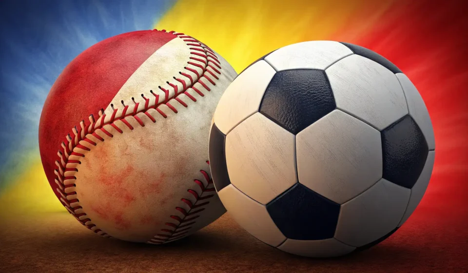 Illustration of a baseball and soccer ball representing learning Korean sports rules vocabulary in a...