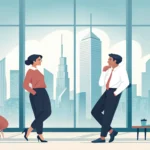 Illustration symbolizing getting startup consultation in Korea, showing two professionals discussing...
