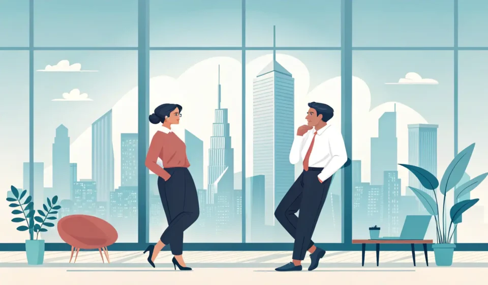 Illustration symbolizing getting startup consultation in Korea, showing two professionals discussing...