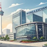 Illustration of the Korea Exchange building in Seoul, symbolizing learning Korean vocabulary for sto...