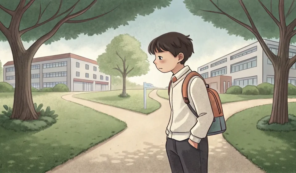 A Korean student contemplates balancing university studies and a part-time job, symbolizing the need...