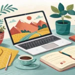 Illustration representing planning study abroad in Korea, featuring a laptop with a map, passport, a...