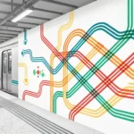 Stylized illustration of colorful intersecting lines representing a Korean subway map, symbolizing l...