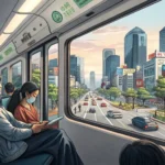 Stylized illustration of a view from a Korean subway train, featuring a prominent Wi-Fi symbol overl...