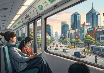 Stylized illustration of a view from a Korean subway train, featuring a prominent Wi-Fi symbol overl...