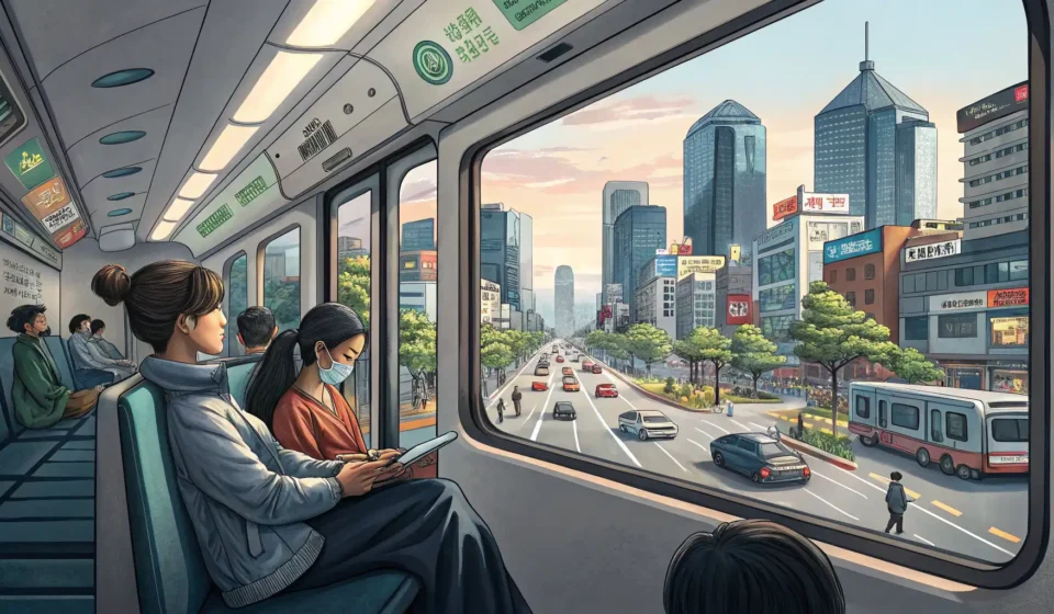 Stylized illustration of a view from a Korean subway train, featuring a prominent Wi-Fi symbol overl...