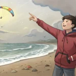 Two friends on a windy Korean beach, one enthusiastically pointing out kitesurfers to a hesitant fri...