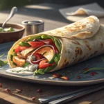 Close-up of an appetizing wrap on a plate with subtle Korean design elements, representing a quick m...