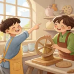 Illustration of two happy Korean friends in a pottery studio, one enthusiastically suggesting trying...