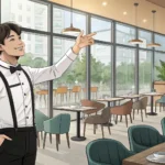 A Korean waiter presenting a healthy, colorful salad bowl in a bright cafe, illustrating a Korean la...