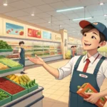 A friendly Korean supermarket employee assists a customer looking for an item in a brightly lit groc...