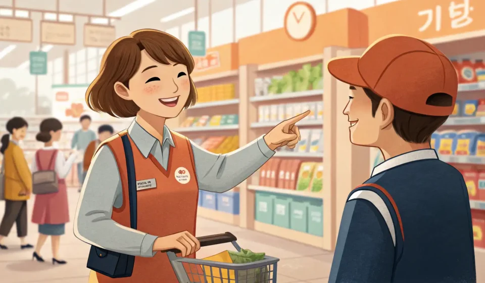 Illustration showing a shopper asking a staff member for help finding an item in a Korean supermarke...