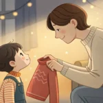 Illustration depicting a Korean parent offering a sweater to a reluctant child before a chilly mount...