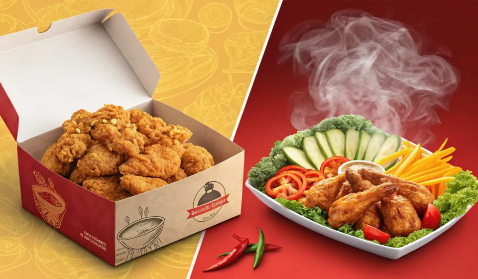 Split image contrasting Korean fried chicken and tteokbokki, representing the common dilemma of choo...