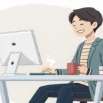 Illustration of a friendly Korean person at a desk offering assistance, symbolizing getting help wit...