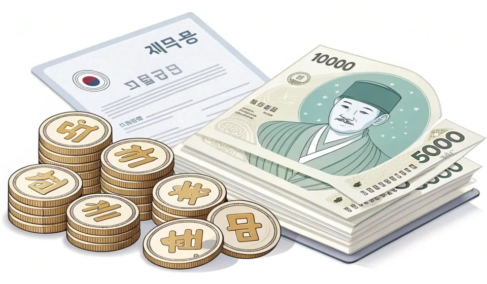 Illustration representing the Korean tax system featuring Korean Won currency alongside official tax...