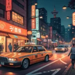 An orange Korean taxi navigating a bustling, brightly lit street in Seoul at night, symbolizing taki...