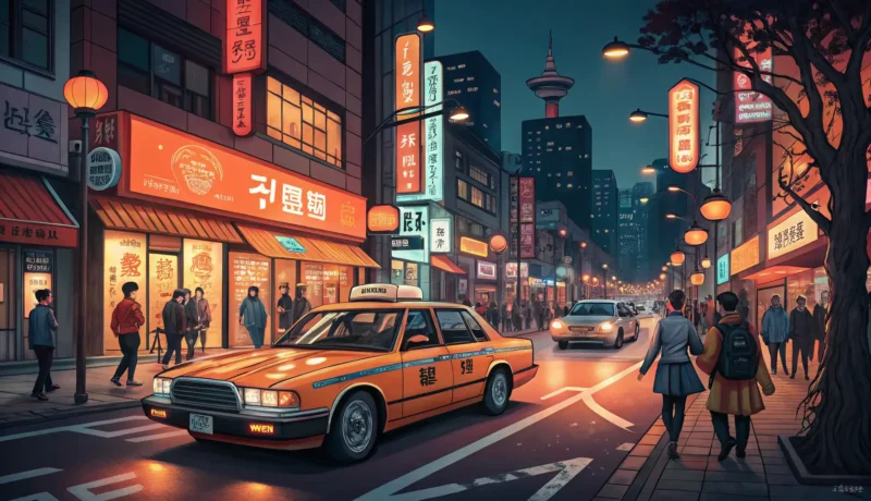 An orange Korean taxi navigating a bustling, brightly lit street in Seoul at night, symbolizing taki...