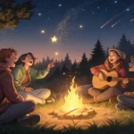 Illustration of friends at a campfire, one singing badly while another playfully teases them, symbol...