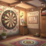 Illustration of a dartboard with several darts missing the target and stuck in the surrounding wall,...