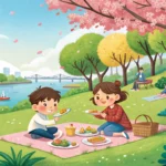 Illustration of two friends at a picnic in a Korean park, one hilariously failing to juggle while th...